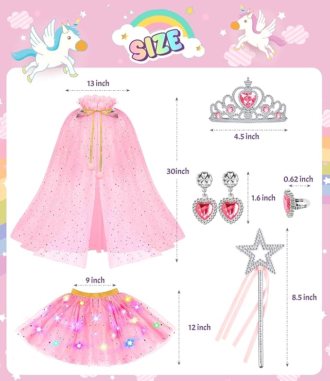 Light up Princess Dress up Clothes for Little Girl, Unicorn Princess Cape Princess Dresses Crown Toy for 3 4 5 6 Girls