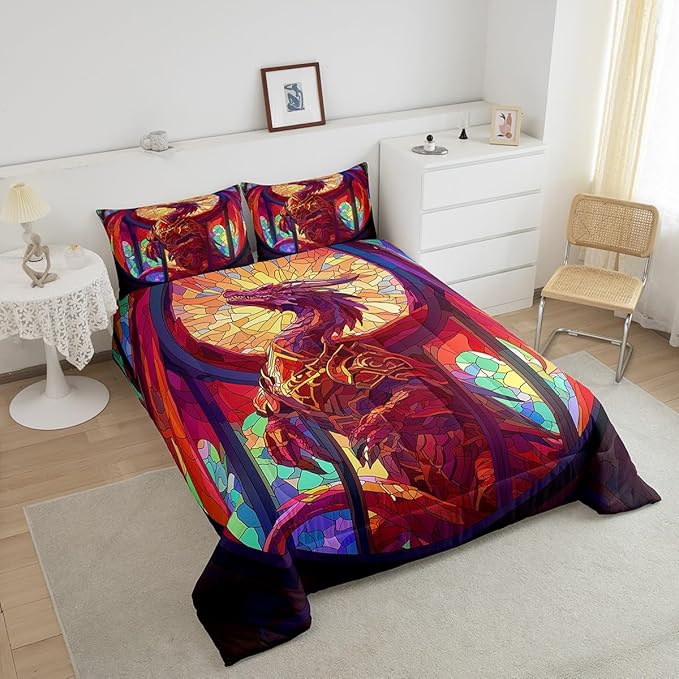Feelyou Dragon Comforter Set King Size Dragon Stuff Comforter for Boys Girls Teens Wild Life Bedding Set Dragon Decor Duvet Set Room Decor Dark Orange Quilt Set