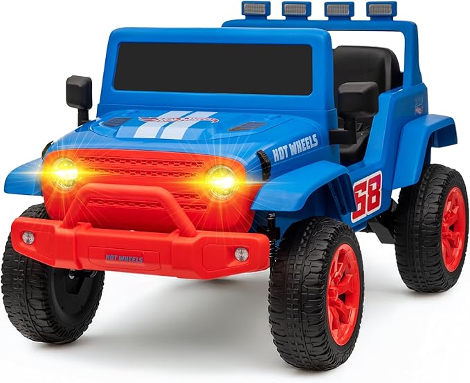 Hot Wheels - 12V Kids Ride On Jeep with Rechargeable Battery, LED Headlights, Press-Button Start, Durable Wheels, Forward & Reverse Drive, Contoured Seat
