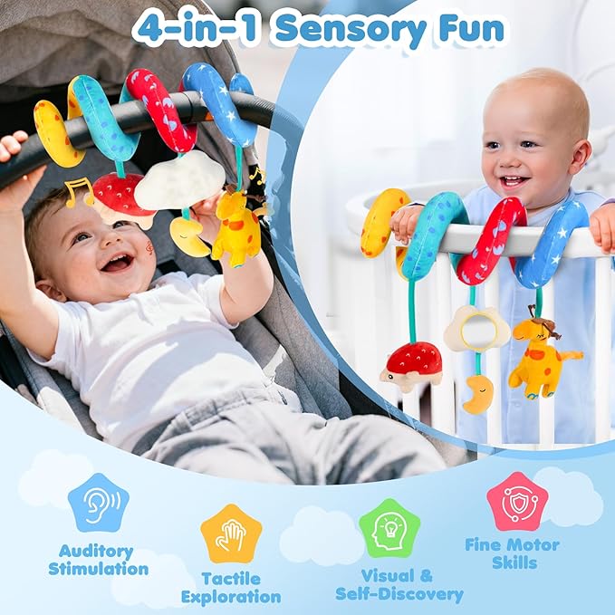 URMYWO Car Seat Toys for Babies 0-6 Months, Hanging Toy Fits Stroller, Sensory Baby Toy with Bell Crinkle Mirror, Baby Travel Gear Shower Gift for Boys Girls, Valentines Gifts Easter Basket Stuffers