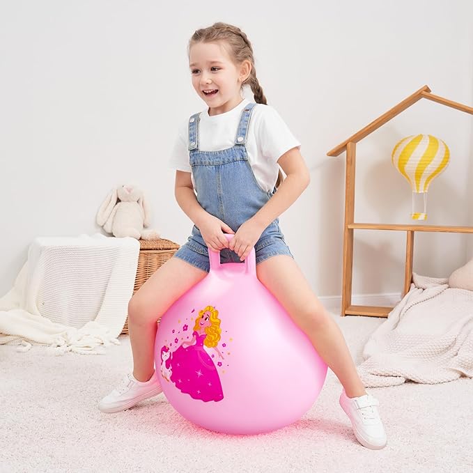 ZOOJOY Princess Hopper Ball, 18 Inch Bouncy Ball with Handle for Kids Aged 3-8, Inflatable Jumping Toys for Girls Boys, Pink Hopping Toys Gift with Pump