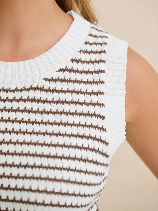 ANRABESS Womens Sleeveless Sweater Vest Striped Tank Tops | Crochet Knit Crew Neck, Lightweight Soft Comfy, Vacation Travel Work Casual Outfits, Sping Summer Layering Clothes