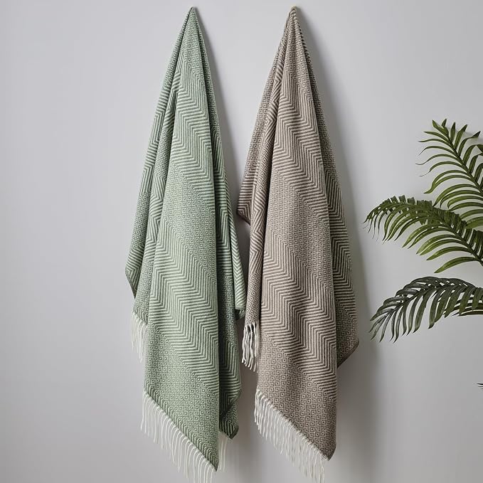 CREVENT 50"X60" Farmhouse Breathable Soft and Warm Classic Throw Blanket for Sofa Couch Bed, Faux Cashmere Home Decoration Throw with Tassles (Green)