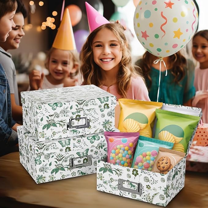 Briful Decorative Storage Boxes with Lids, 4 Pack Green Floral Cardboard Nesting Gifts Boxes with Metal Label Holders, Stackable Keepsake Photo Organizers for Home Closet Shelf Bedroom Office Decor