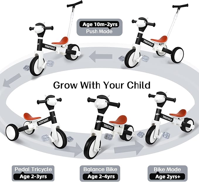 5-in-1 Toddler Tricycle with Lights & Music, Adjustable Push Kids Bike for 1-5 Year Olds, Toddler Balance Bike & Tricycle for Boys & Girls, Birthday Gift for 1 2 3 4 5 Year Old Kids (Black)