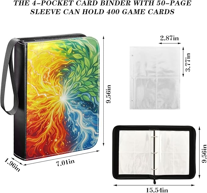 Watercolor Card Binder, 4 Pocket Trading Card Holder with 50 Removable Sleeves, Zipper Card Binder Fits 400 Cards, Collection Card Storage Case Album Book Gifts