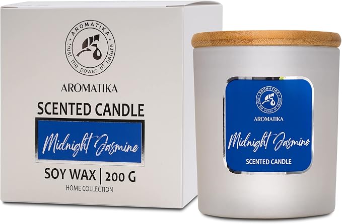 AROMATIKA Midnight Jasmine Soywax Candle - Up to 45 Hours Burn Time - Glass Candle Gift - Aromatherapy Candle - Blue Floral Scent