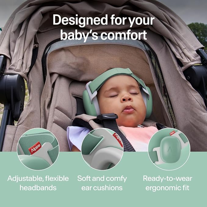 Alpine Muffy Baby Comfort - Protects Hearing for Babies and Toddlers - CE & ANSI Certified - Headband for Safe fit & Comfort - Adjustable for Ages 3-48 Months - 24dB Sound Reduction, Green