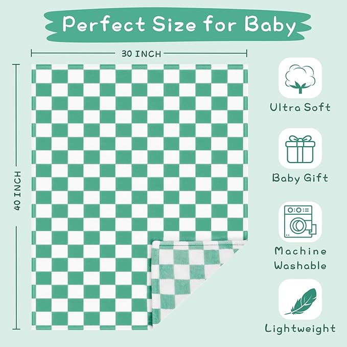 Yurhap Checkered Baby Blanket Fleece Baby Blankets for Boys, Ultra Soft Cozy Fluffy Infant Toddler Newborn Receiving Gifts for Crib Stroller, 30x40 Inch, Jade Green