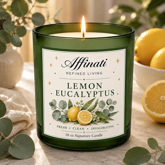 Affinati Lemon Eucalyptus 10 oz Scented Candle – Long Lasting Luxury Soy Blend Candle, Strong Scent Throw Vibrant Citrus Herbal Aromatherapy Candles for Home, Premium Room Odor Eliminator