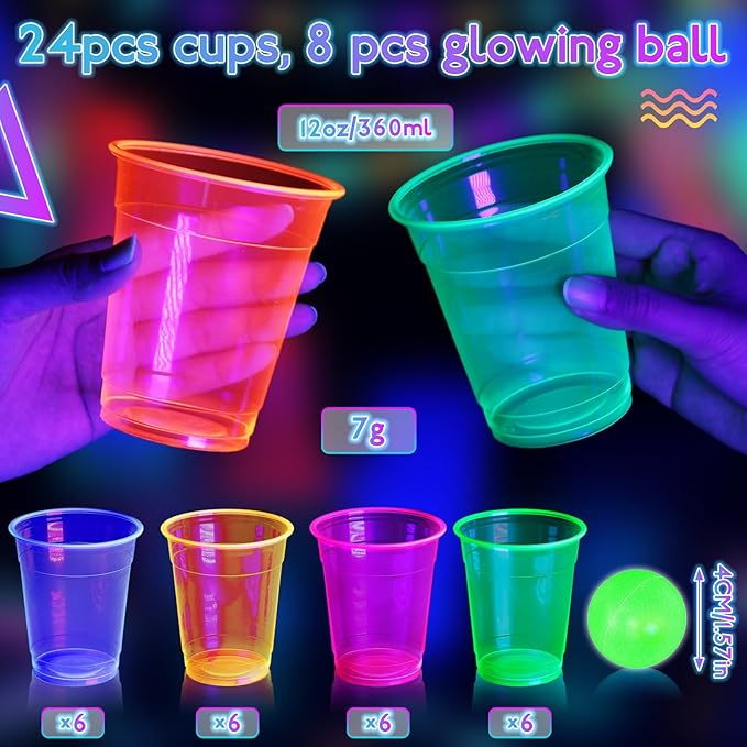 32 Pcs Glow in The Dark Party Table Tennis Game Set Include 24 Pcs Glowing Plastic Cups and 8 Balls for Indoor Outdoor Party Event Birthdays Weddings BBQ Parties