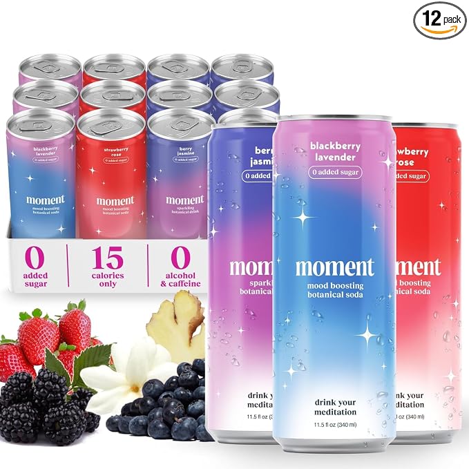 Moment Adaptogen Drink (Shark Tank) - Calm, Clarity & Relaxation with L-Theanine & Ashwagandha - Non Alcoholic Drinks for Adults - Sparkling Botanical Soda - 0 Sugar 0 Caffeine - 12 Pack 11.5 fl oz