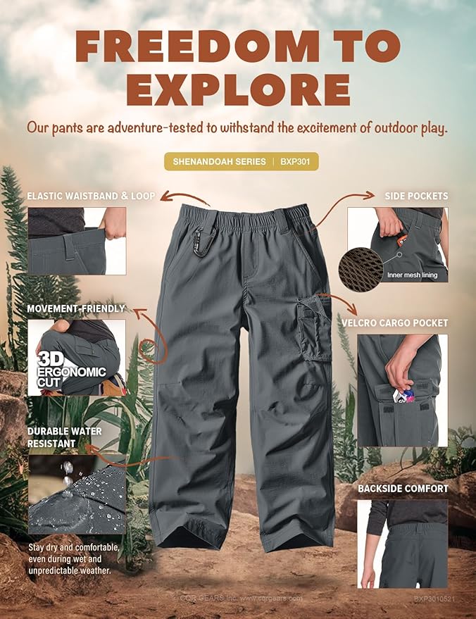 CQR Kids Boy’s Hiking Cargo Pants, Water Resistant UPF 50+ Quick Dry Youth Casual Outdoor Climbing Camping Trousers