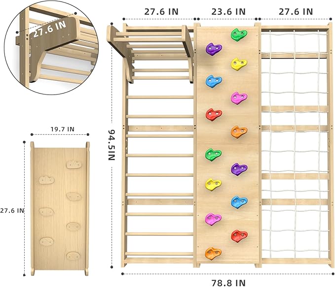 Upgraded Extra-Large Size 94.5inch Height 10-in-1 Swedish Ladder Gym Set, Home Playground with Swing, Rope Ladder, Pull-Up Bar, Slide and Rock Climbing Wall for Kids and Adults