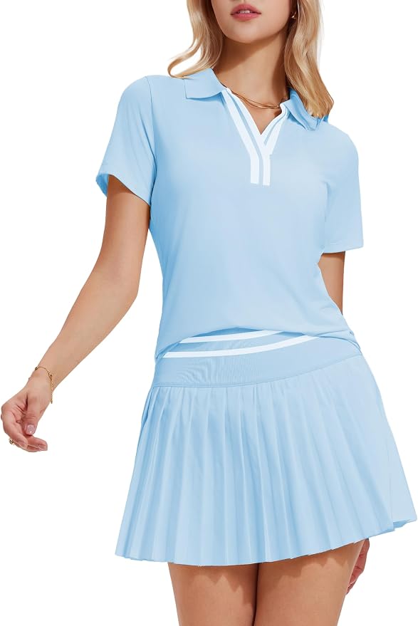 Tennis Skirt Set for Women Color Block V Neck Golf Pickleball Outfits Pleated Athletic Two Piece Skirts Sets