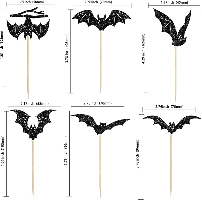 Gyufise 24Pcs Halloween Bat Cupcake Toppers Black Glitter Bat Halloween Cupcake Picks for Horror Theme Baby Shower Kids Birthday Party Cake Decorations Supplies