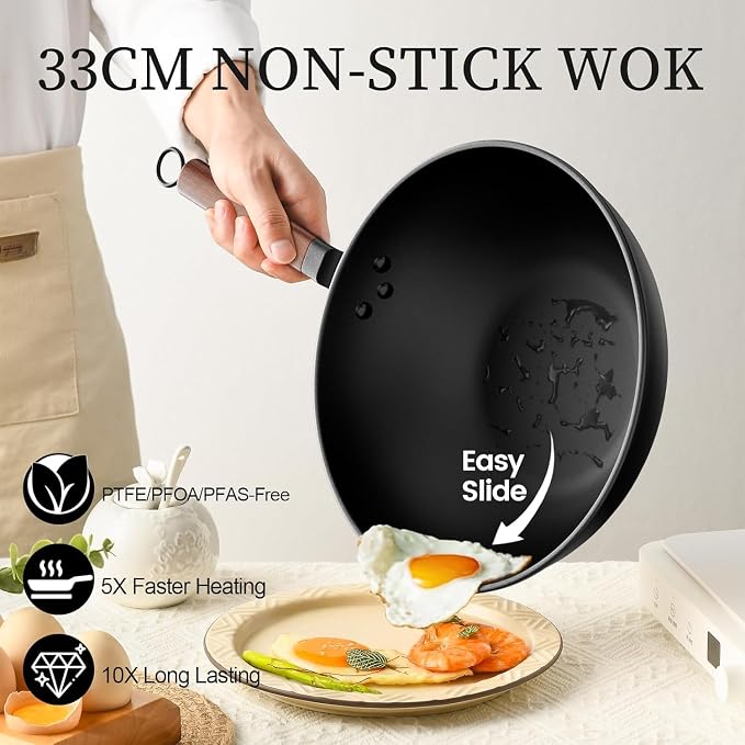 Todlabe Carbon Steel Wok, 13-Inch, Pre-Seasoned, Non-Stick, with Lid and Spatula, Flat Bottom, Ideal for Stovetop Cooking