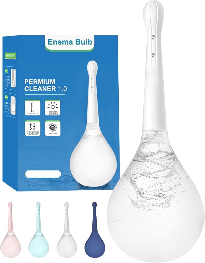 Enema Douche for Men & Women - Anti Back-Flow Anal Bulb with 5-Opening Spray Tip, 150ml Portable Kit for Personal Intimate Hygiene (White)