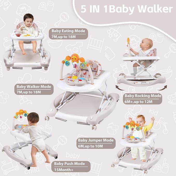 Baby Walker, 5 in 1 Baby Walkers for Boys Girls 6-12 Months, Foldable Walkers for Babies with Bouncer & Feeding Tray, Music, Adjustable Heights, Activity Walker for Infant