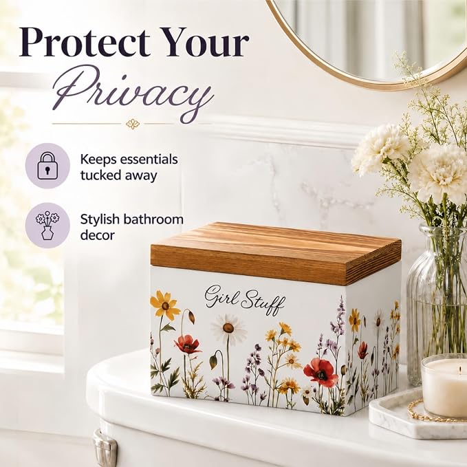 Mifoci Wildflower Tampon Holder for Bathroom, Decorative Feminine Product Organizer with Hinged Lid, Wooden Pad and Tampon Organizer Case Girl Lady Stuff Box for Bathroom Toilet Accessories