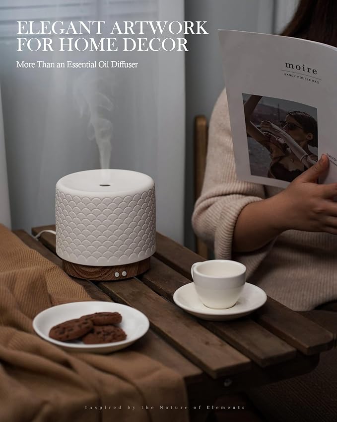280ml Ceramic Ultrasonic Aromatherapy Diffuser | Cool Mist Humidifier for Large Rooms, Auto Shut-Off, Quiet Sleep Mode & 3 Timer Settings – Ideal for Home, Office, Spa, Yoga, and Bedroom