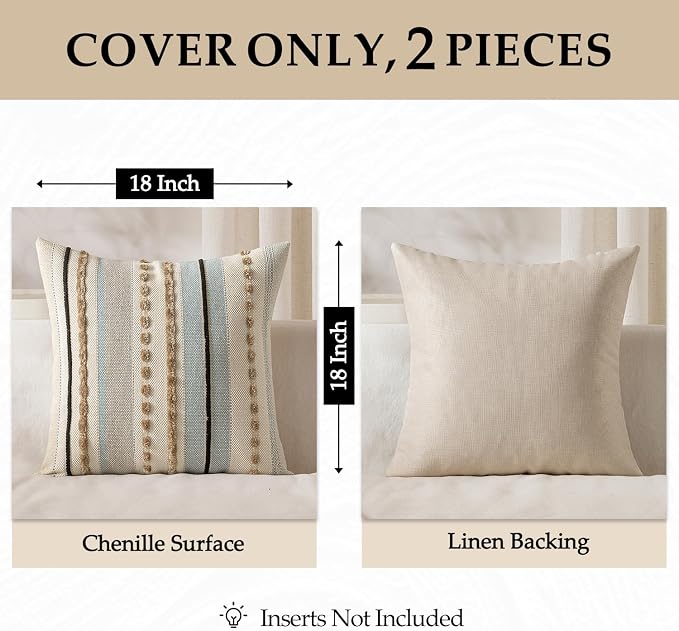 ANRODUO Boho Decorative Pillow Covers 26x26 Light Blue Stripe Pack of 2 | Euro Throw Pillow Covers, Farmhouse Cushion Case, Chenille Pillow Cases, Pillow Covers, Neutral Pillowcase for Sofa Couch Bed