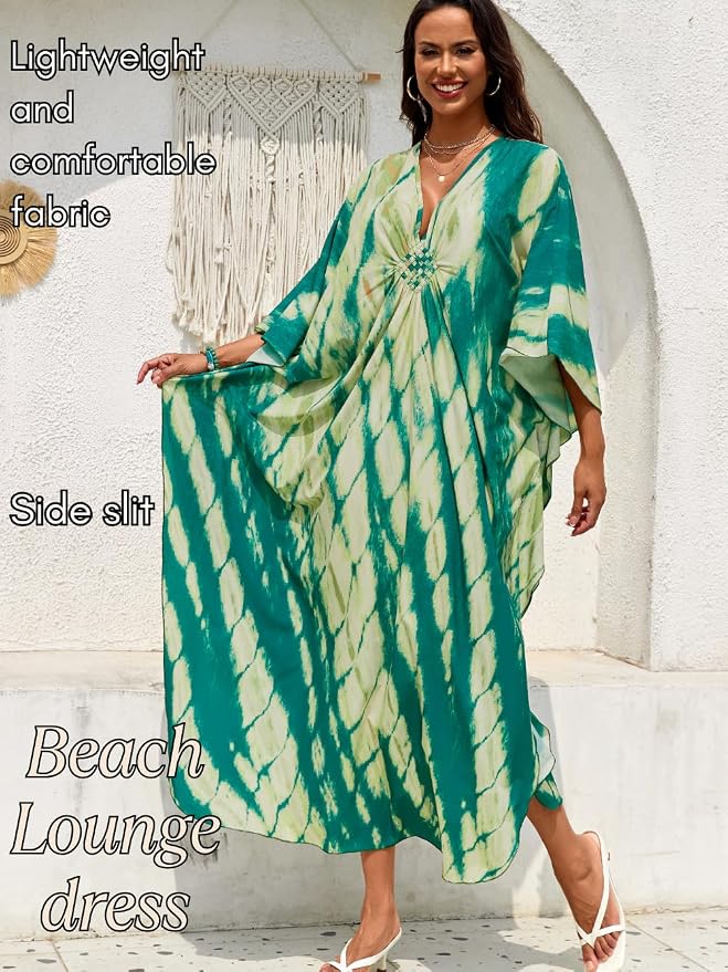 ChiaoLezhee Print Moo-Moos for Women, Kaftan Cover-Up Dresses, Sexy V-Neck High-Slit, Beach Pool-Party Coverups Muumuu Plus