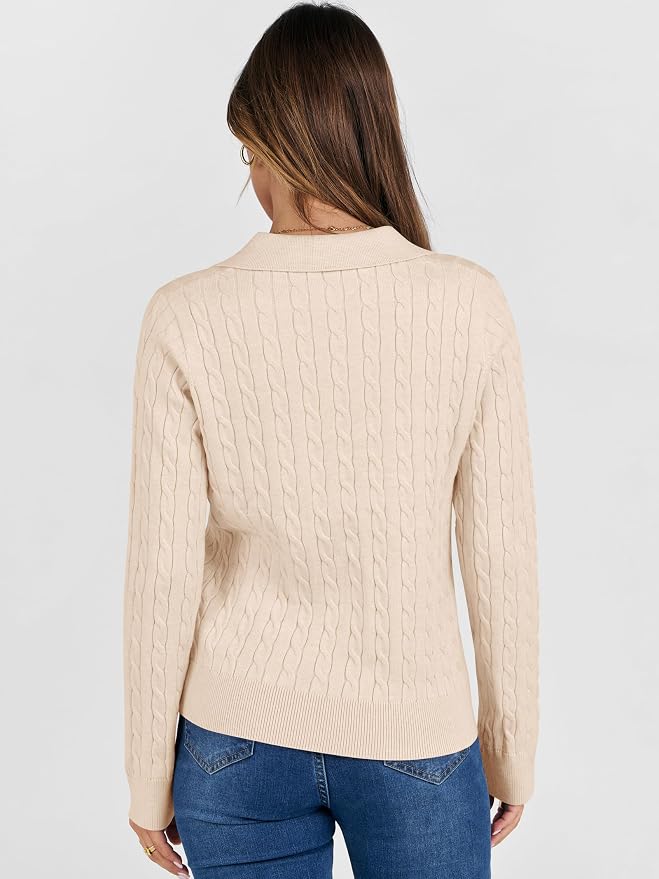 ANRABESS Womens Cable Knit Sweaters Long Sleeve V Neck | Pullover Collared Sweater Tops, Polo Knit Shirts, Business Casual Work, Tennis Golf, Fall Winter Fashion Outfits