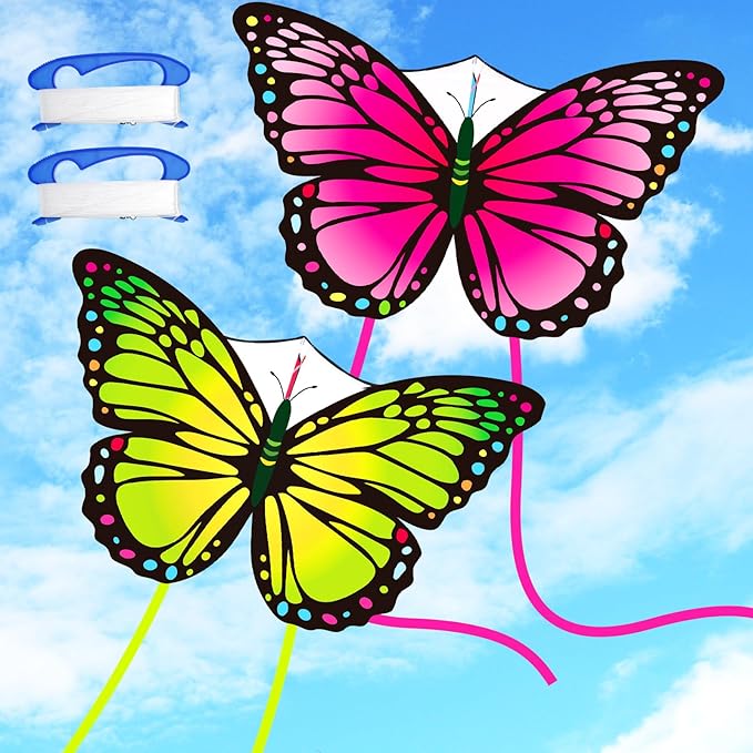 Silipull 2 Pcs Butterfly Kite 55" x 28" Large Kites with 328ft Kite String Beach Colorful Kites for Adults Beginner Outdoor Supplies (Pink and Green)