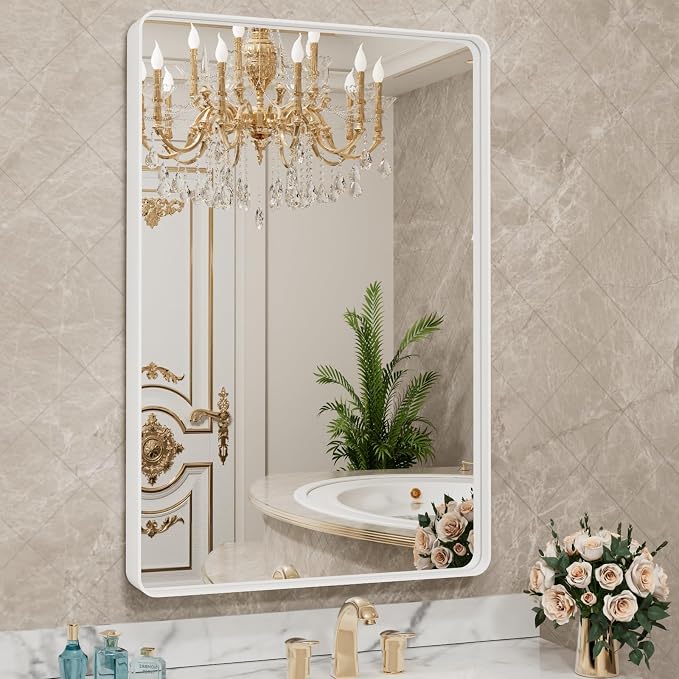 LOAAO 24x36 Inch White Metal Framed Bathroom Mirror | Rounded Rectangle, Anti-Rust, Hangs Horizontally or Vertically