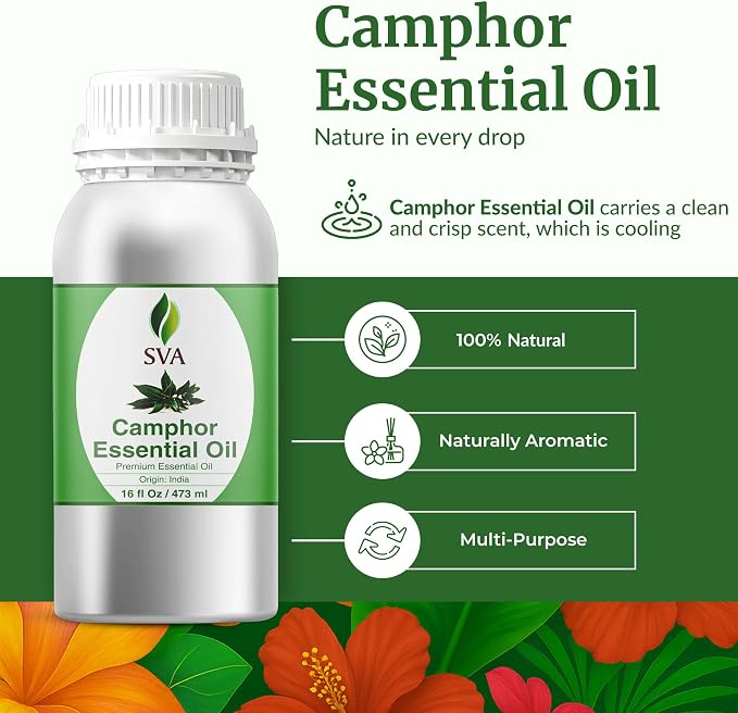 SVA Camphor Essential Oil 16 Fl Oz – for Diffuser, Skin & Hair Care – Ideal for Massage & DIY Blends
