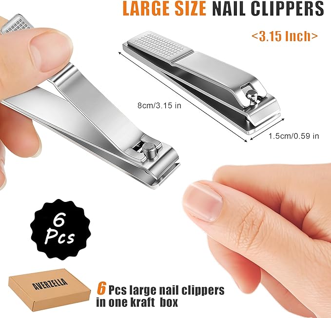 6-Pack Toenail Clippers, Straight Edge Large Nail Clippers Bulk Set for Men Women Seniors, 3.15 inch Long Handled for Thick Toenails, Big Stainless Steel Toe Nail Clipper with Anti-Slip Grip