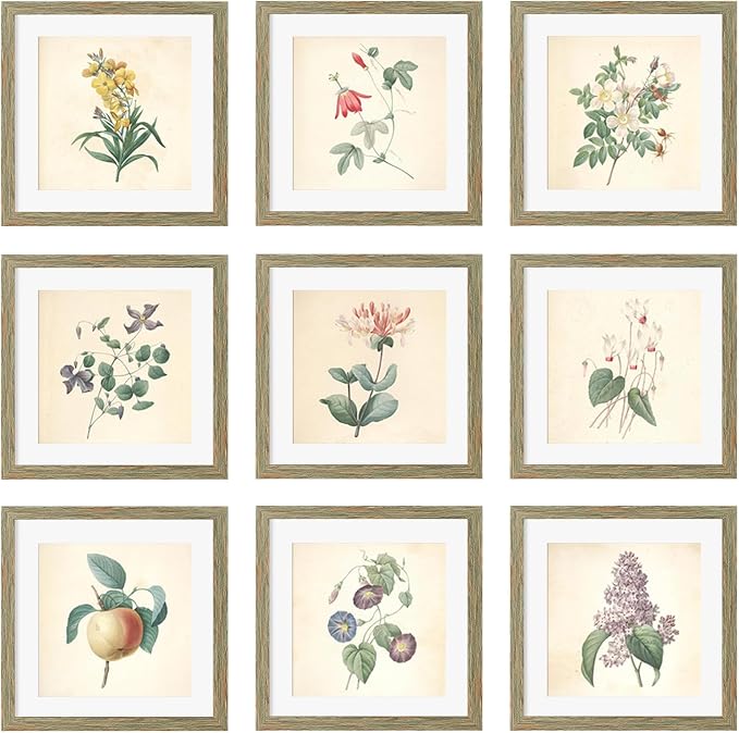 10x10 Picture Frame Set of 9, Display Pictures 8x8 with Mat or 10x10 without Mat, Multi Collage Gallery Square Photo Frames for Wall or Tabletop, Rustic Brown