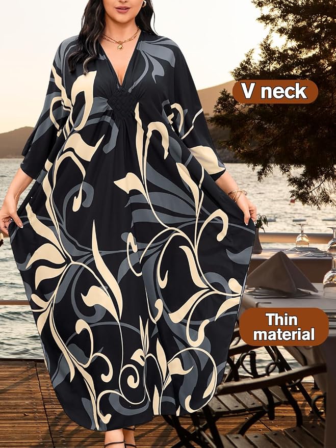 ChiaoLezhee Print Moo-Moos for Women, Kaftan Cover-Up Dresses, Sexy V-Neck High-Slit, Beach Pool-Party Coverups Muumuu Plus