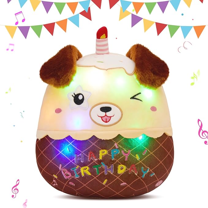 Light Up Music Dog Birthday Cake Plush Puppy Stuffed Animals Original Wink Dog Plushie with Colorful LED Lights Glowing Singing Happy Birthday Gift for Girl Boy 14"