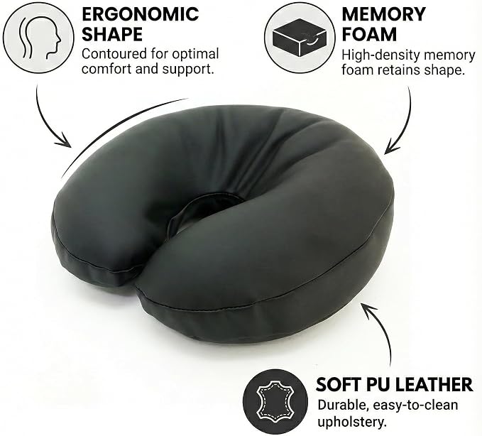 Royal Massage Universal Memory Foam Face Cradle Cushion for Massage Tables – Ergonomic U-Shaped Headrest Pillow with Soft, Easy-Clean PU Leather – Spa & Salon Replacement (Black)