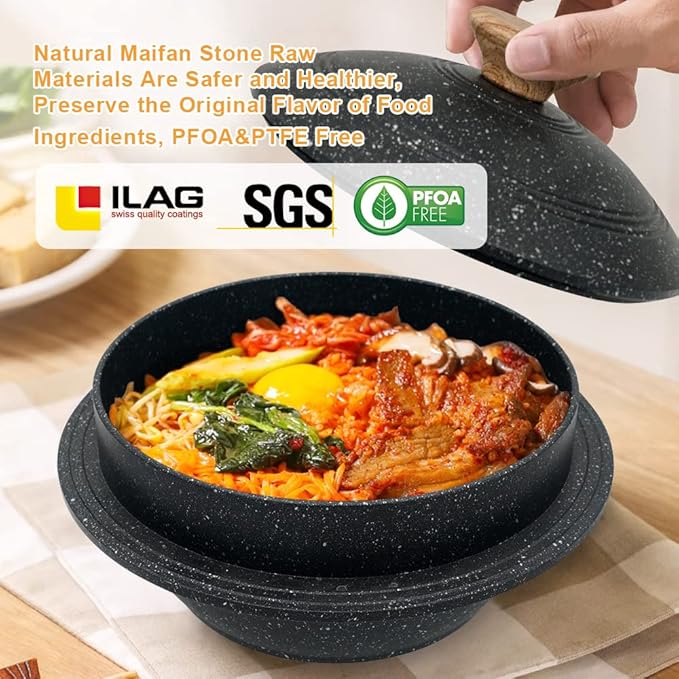 Cast Aluminum Pot with Lid, 63 oz Non-Stick Casserole Dish Korean Stone Bowl Induction Compatible, 1875 ml - Black