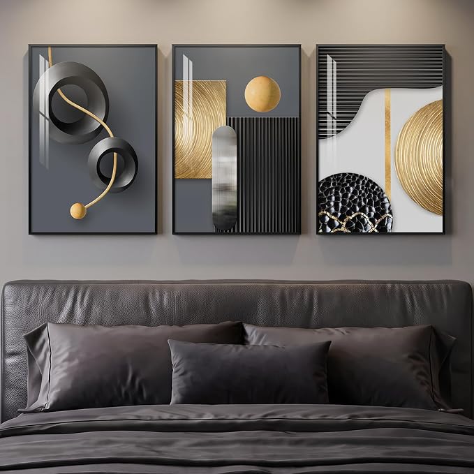 Framed Modern Elegant Wall Art for Living Room, 3 Piece 16x24 In | Black gold wall prints, Abstract geometric wall paintings, Contemporary luxury bedroom dining room office wall decor