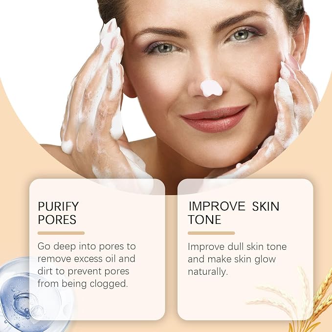 Rice Facial Cleanser, Gentle Foaming Cleanser, Controls Oil, Moisturizes and Hydrates, Nourishes Skin, Cleanses Pores, Gentle Formula Suitable for All Skin Types, Korean Skincare Product, 4.23 Oz