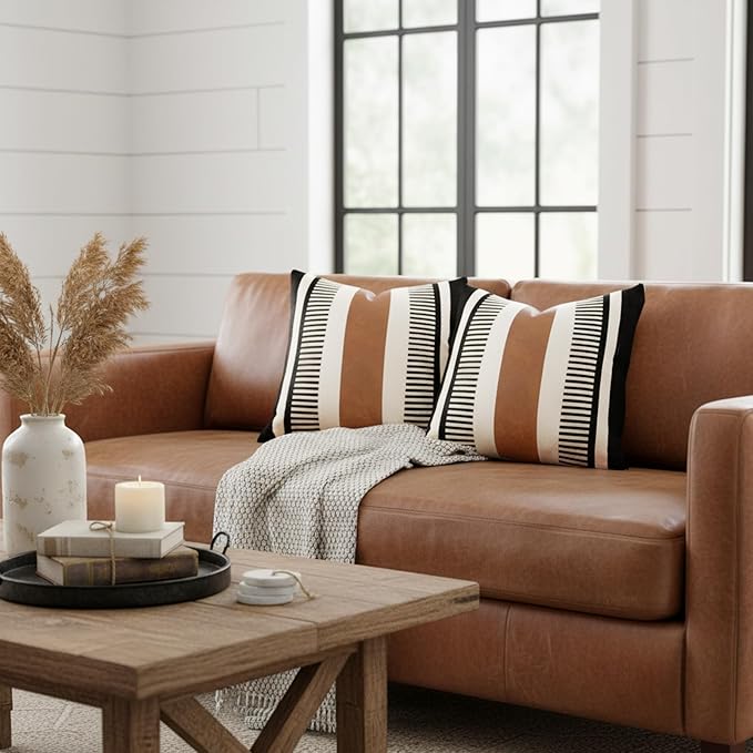 22x22 Boho Striped Pillow Cover with Faux Leather Accent, Black, 2 PC | Geometric printed cotton, vintage brown accent, black white reversible cushion case, farmhouse tribal sectional sofa decor.