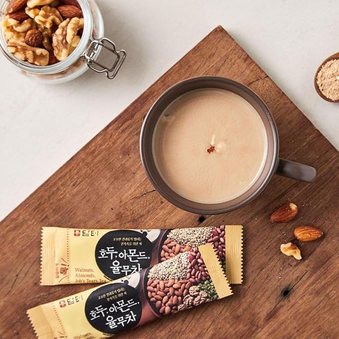 Damtuh Walnut Almond Adlay Tea Zero Sugar Drink Mix – Korean Yulmu Cha (Job’s Tears) Roasted Grain Nut Latte-Style Powder, Sweetened with Stevia, Caffeine-Free, 18g x 40 Sticks