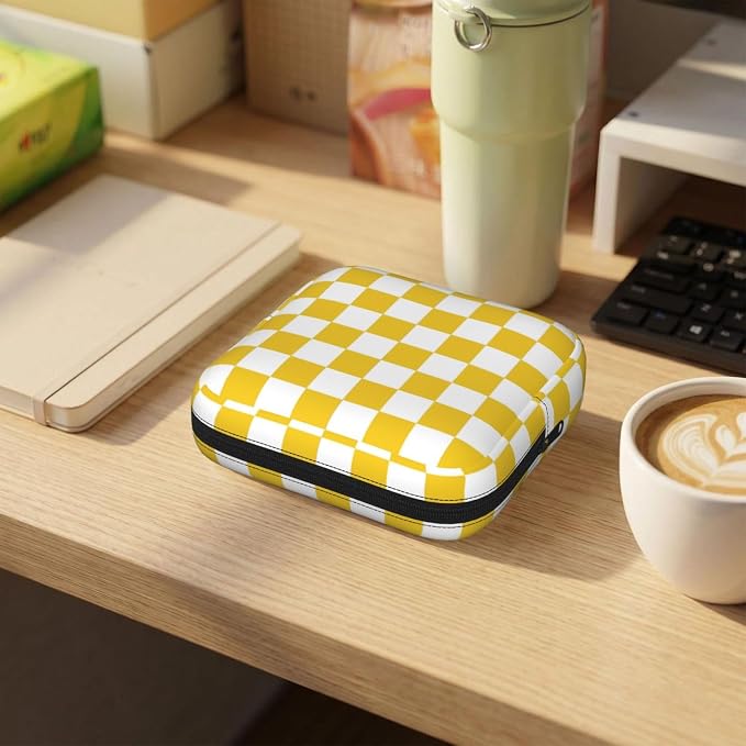 Yellow And White Checkered Checkerboard Chess Square Grid Period Bag For Women,Portable Sanitary Napkin Period Pad Pouch For Purse, Small Make Up Bags