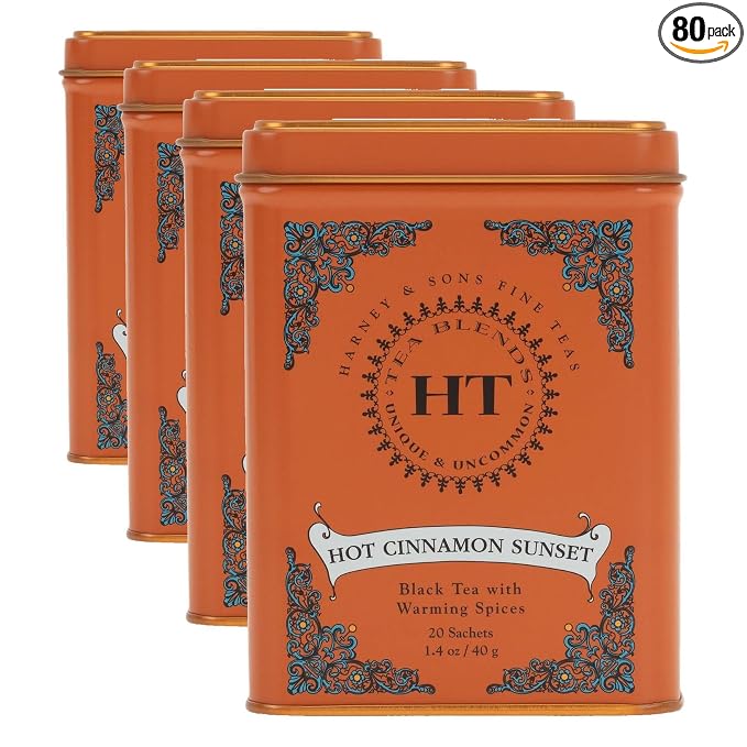 Harney & Sons Black Tea, 20 Sachets, Pack of 4 | Hot Cinnamon Sunset | Caffeinated | Orange and Cloves | Tin Packaging