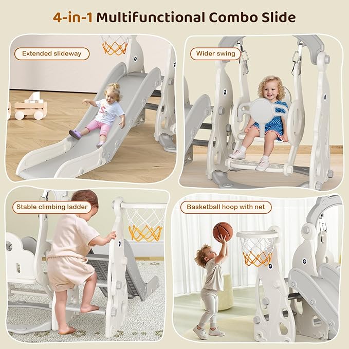 Toddler Slide, 4 in 1 Toddler Playset - Upgrade with Kids Slide, Swing, Basketball Hoop and Storage Space for Age 1-3, Indoor and Outdoor Playground