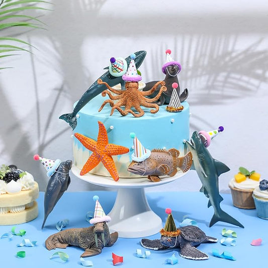 18 Pcs Sea Animal Birthday Party Decorations Mini Birthday Hat Animal Figure Model Cake Toppers with Mini Hat for Animals Themed Party