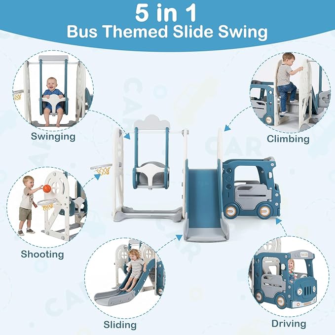 OLAKIDS Toddler Slide and Swing Set, 5 in 1 Bus Themed Baby Slide with Climber Basketball Hoop Car Playhouse for Indoor Outdoor Boys Girls Aged 3+ (Blue)