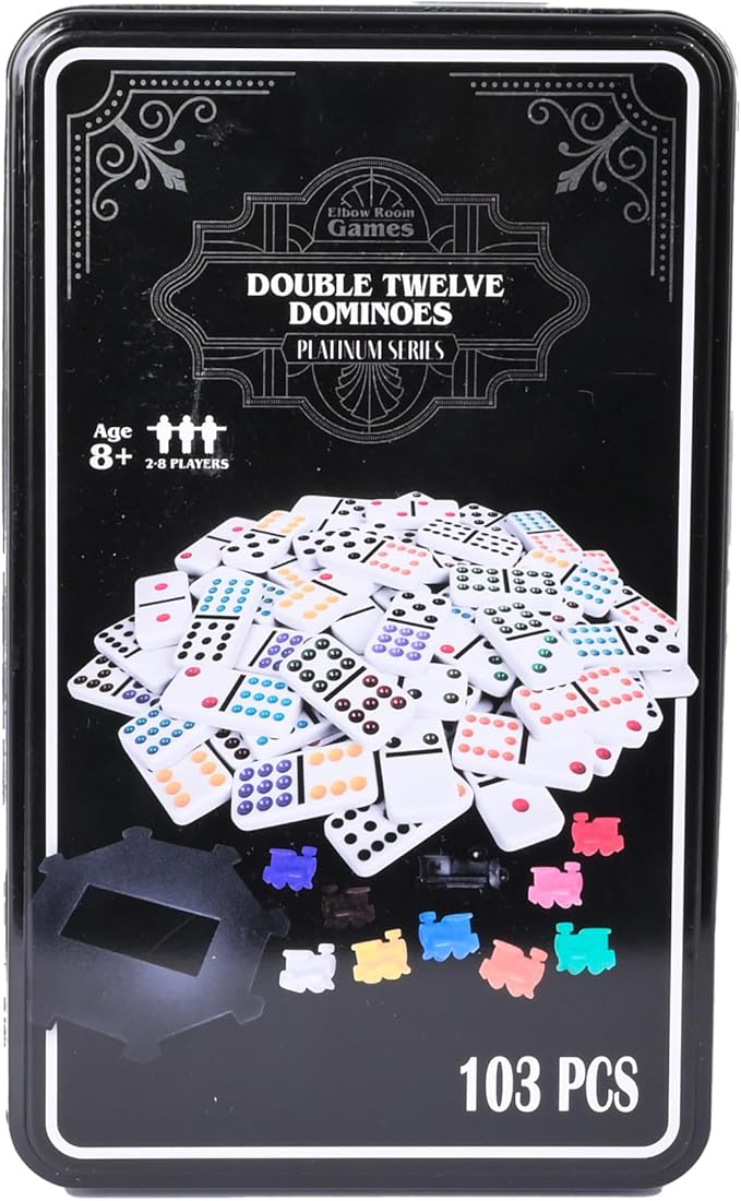 Sunny Days Entertainment Elbow Room Games Double Twelve Dominoes Set with 91 Dominoes, 10 Trains, Starter Piece, Storage Tin – Perfect for Mexican Train, Block, and Draw – for 2-8 Players