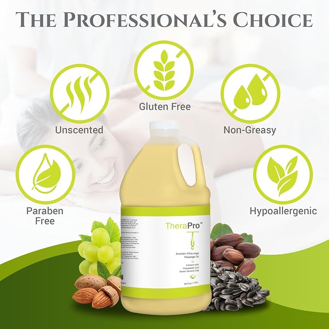 Swedish Effleurage by TheraPro - 1/2 Gallon - All Natural Unscented Massage Oil for Massage Therapy - Grapeseed Oil, Almond Oil, Jojoba, Vitamin E - Water Soluble Professional