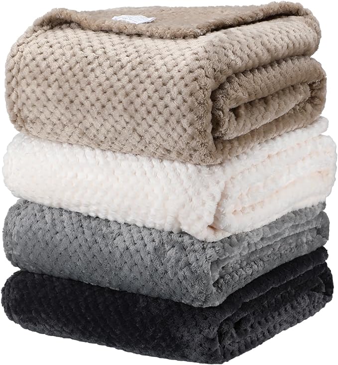Newwiee 4 Pcs Fleece Throw Blanket, 3D Waffle Textured,Neutral Color | Soft Lightweight Set for Couch Bed Sofa, Warm Winter Throws, No Shedding Pilling, Flannel Waffle Texture, 50x60 Inch