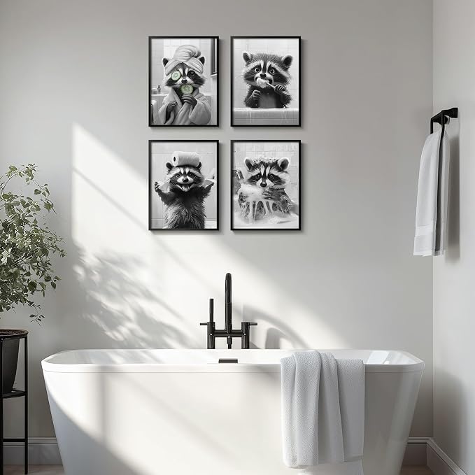 Framed Funny Bathroom Wall Art, 4 Piece Black and White Raccoon Prints, Cute Animal Toilet Canvas Artwork for Restroom Bathroom Home Decor, 11x14 Inch